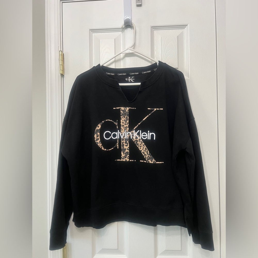 Calvin Klein Black and Leopard Crew Neck Sweatshirt